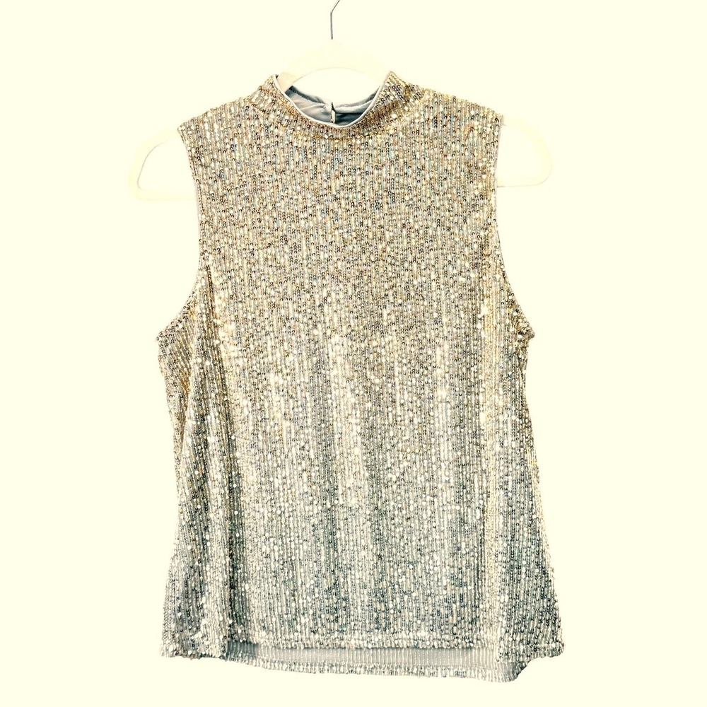 Cupio Blush NEW Sequin Mock Neck Sleeveless‎ Top Sparkly Evening Party Glam Y2K